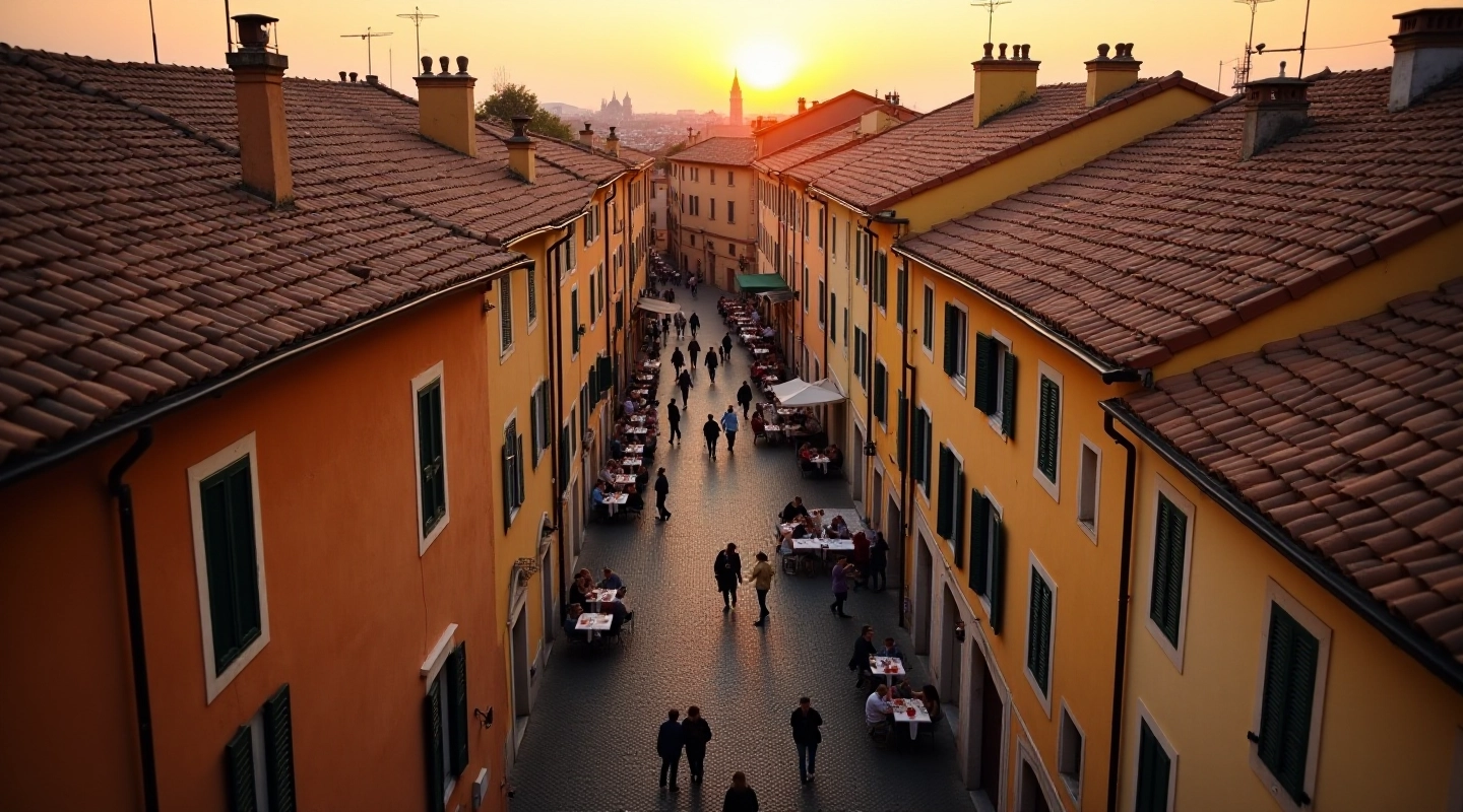 Veduta aerea di Trastevere al tramonto con le strade lastricate e i tetti di terracotta illuminati dalla luce dorata