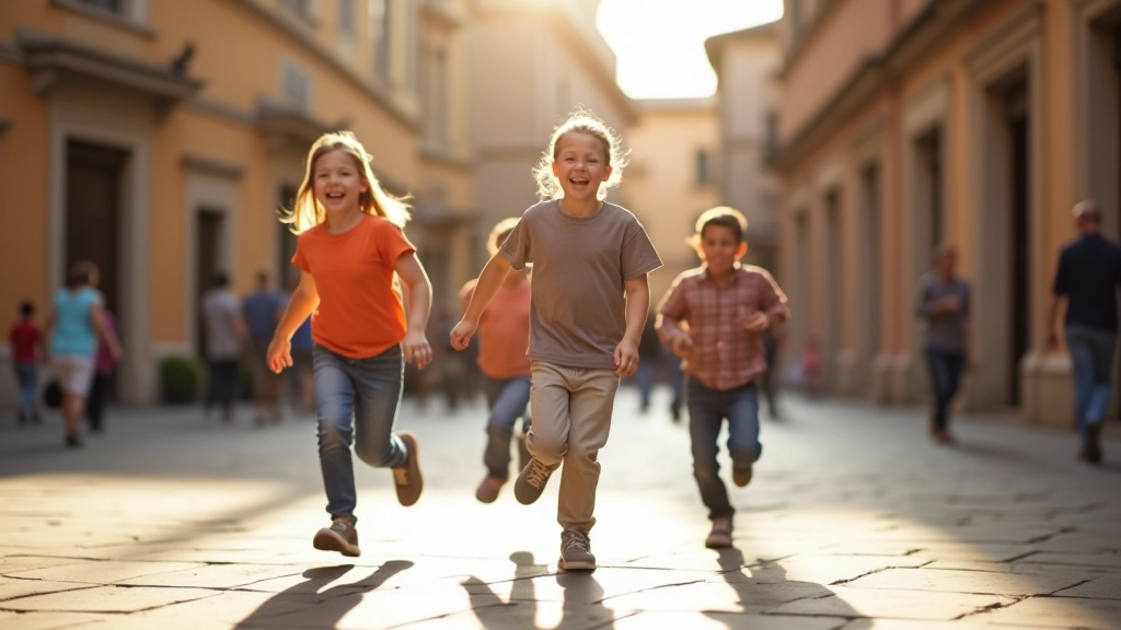 Bambini che giocano in una piazzetta di Trastevere, edifici storici circostanti, giorno soleggiato