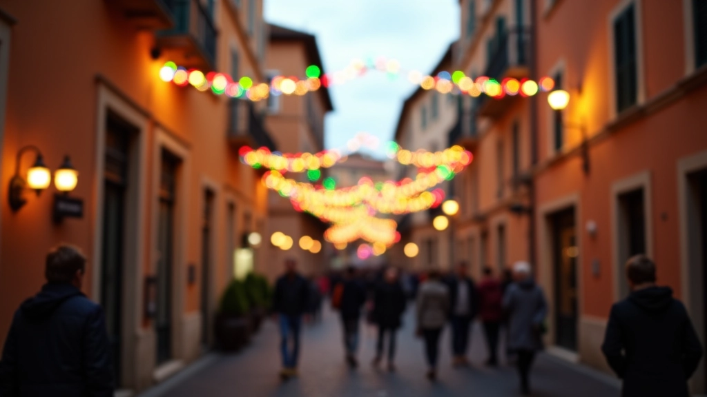 Decorazioni luminose colorate appese tra i palazzi di un rione romano durante una festa patronale, luci calde e festose al tramonto
