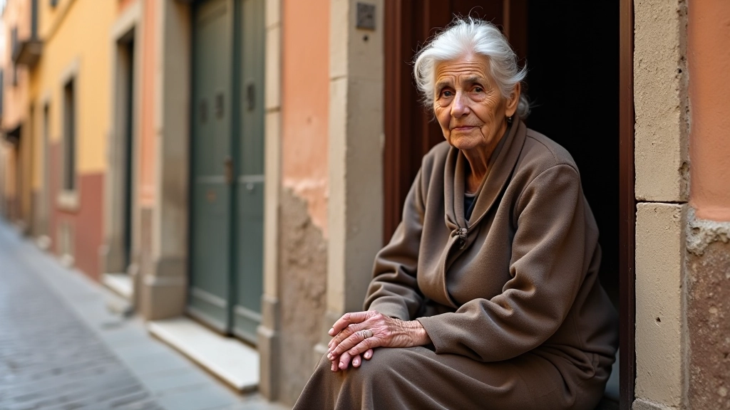 Donna anziana seduta sulla porta di casa in Trastevere, strada selciata sullo sfondo, luce naturale del pomeriggio