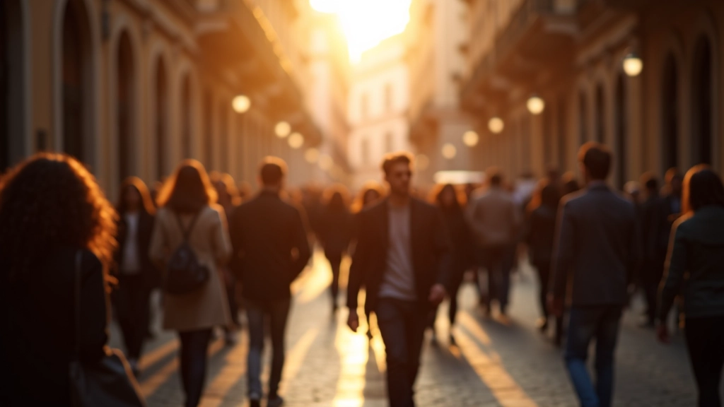 Passeggiata serale in via romana con abitanti che camminano e socializzano
