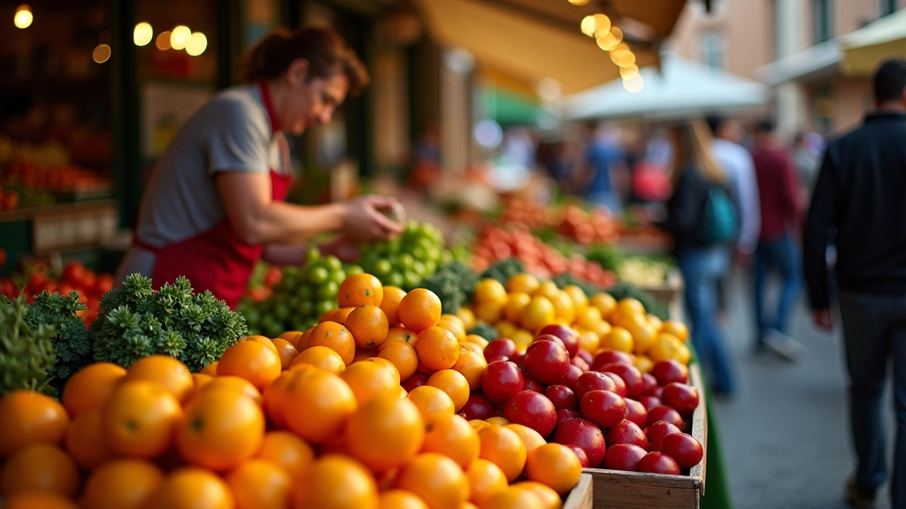 Bancarelle di frutta e verdura fresca al mercato rionale di Campo de' Fiori con venditori che sistemano i prodotti