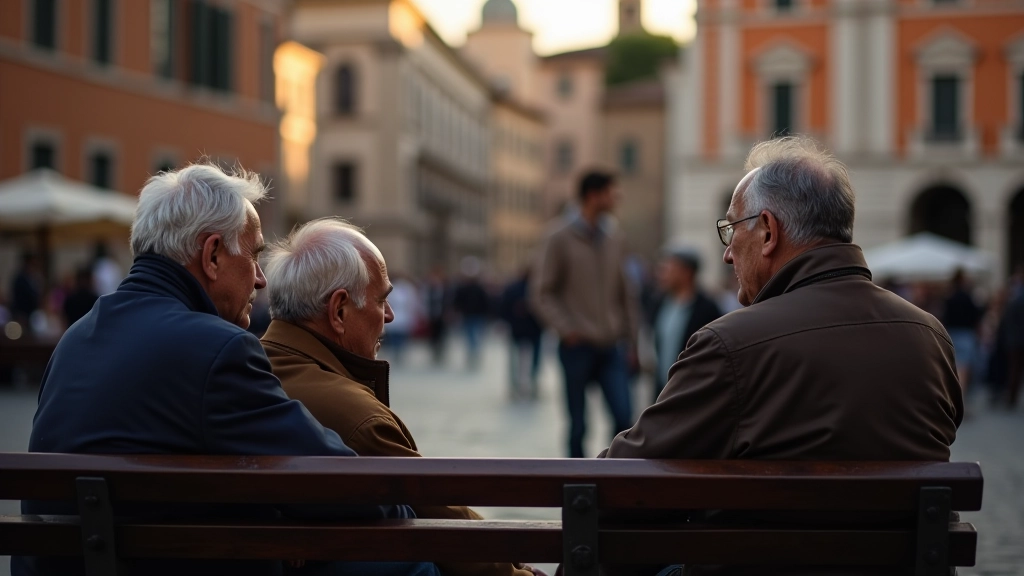 Gruppo di persone anziane sedute su una panchina in una piazza romana, conversano e osservano il passeggio serale