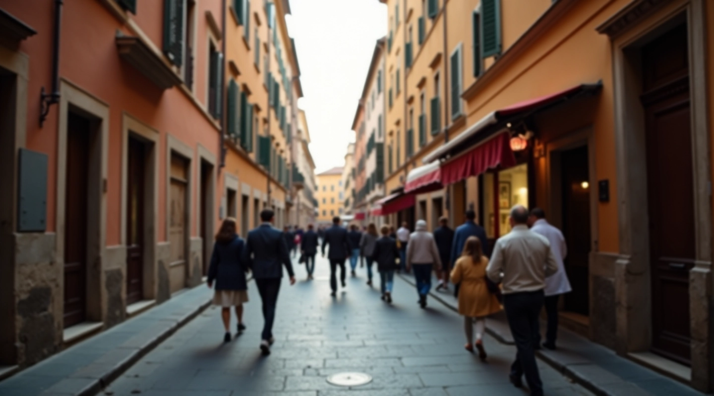 Una strada caratteristica di un quartiere storico romano con negozi tradizionali e persone