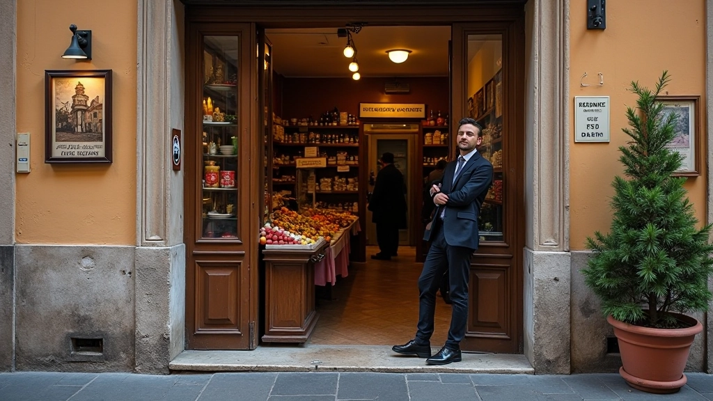 Dettagli di una bottega storica romana con insegne vintage e oggetti tradizionali