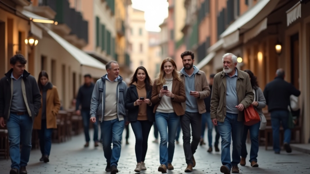 Giovani e anziani che passeggiato insieme in una via romana moderna, alcuni con telefoni, altri in conversazione, atmosfera urbana contemporanea
