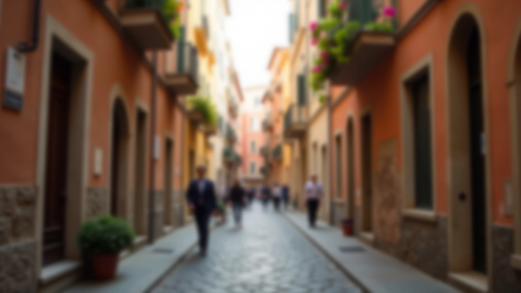 Strada stretta nel quartiere storico di Trastevere a Roma con edifici in pietra e balconi fioriti