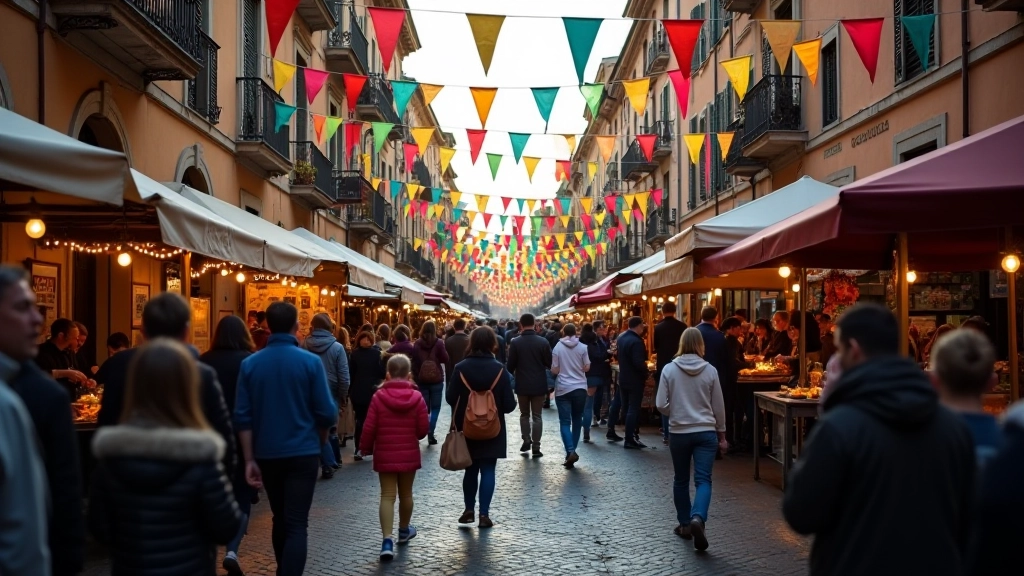 Festa di quartiere a Roma con decorazioni e persone che festeggiano
