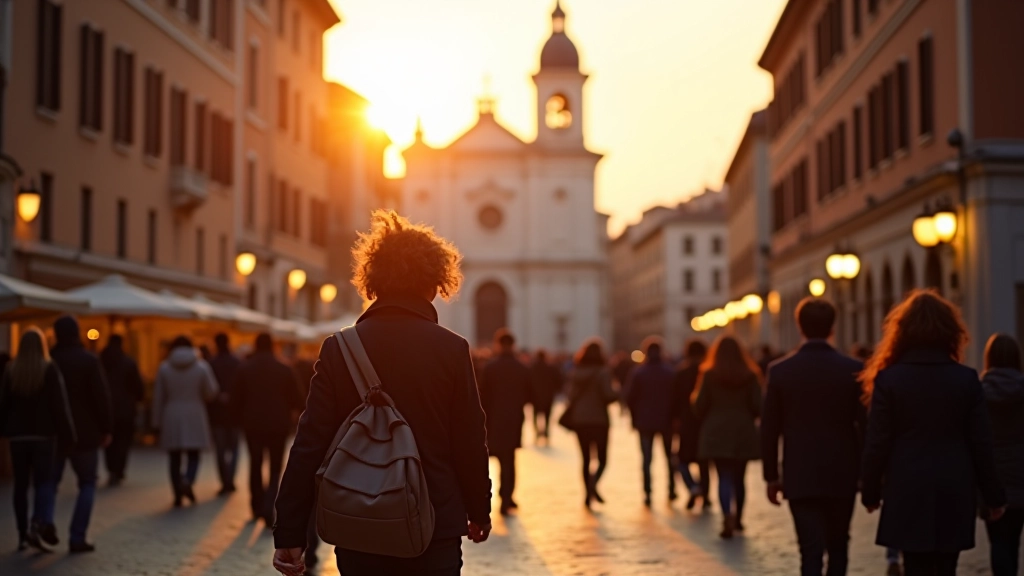 Persone che camminano in una piazza romana illuminata dalla luce del tramonto, orologio sulla facciata di una chiesa che segna le 18
