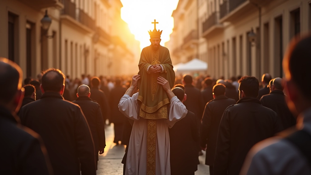 Processione religiosa con il santo patrono portato attraverso le strade del rione, persone in abiti tradizionali, architettura storica di Roma sullo sfondo