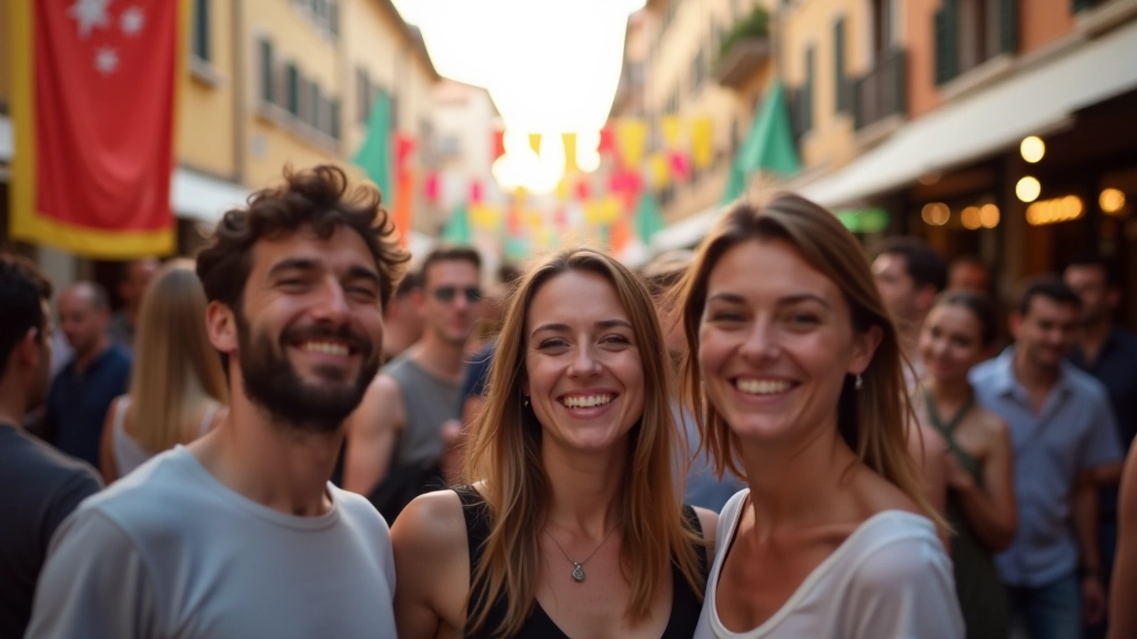 Festa di quartiere a Roma con bandiere, decorazioni e persone riunite