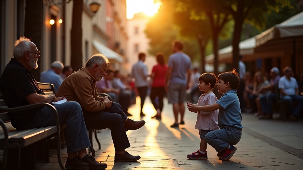 Piazza romana con persone sedute, bambini che giocano e anziani che conversano