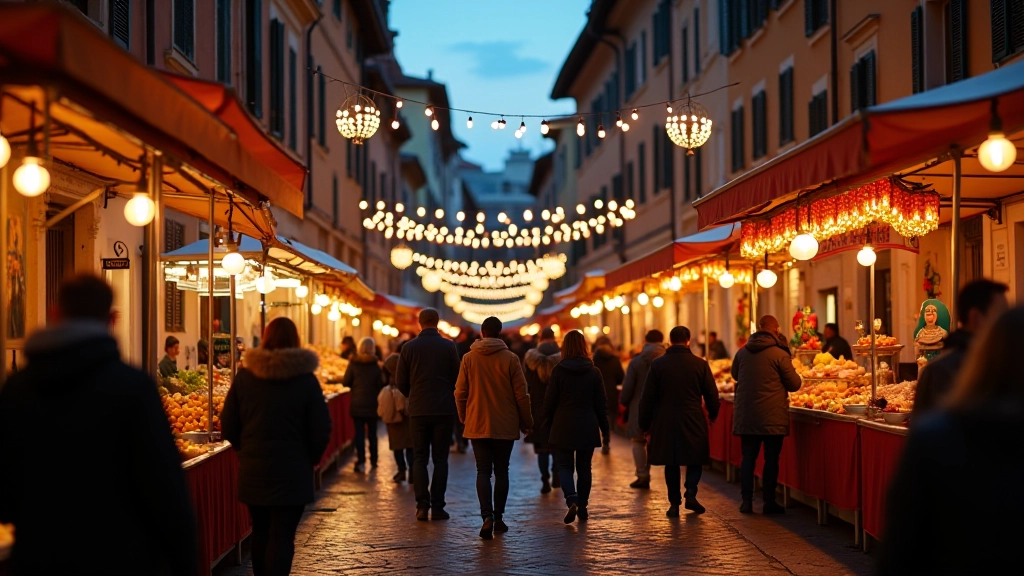 Festa patronale in un rione romano con bandiere, luminarie e residenti che si incontrano in strada al calar della sera