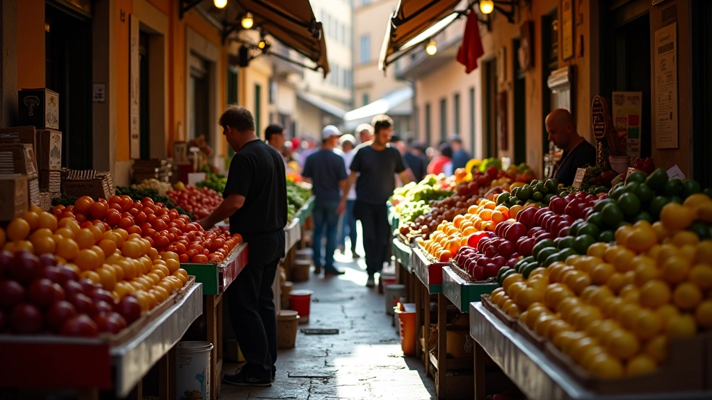 Il mercato rionale con bancarelle di frutta e verdura, venditori e clienti