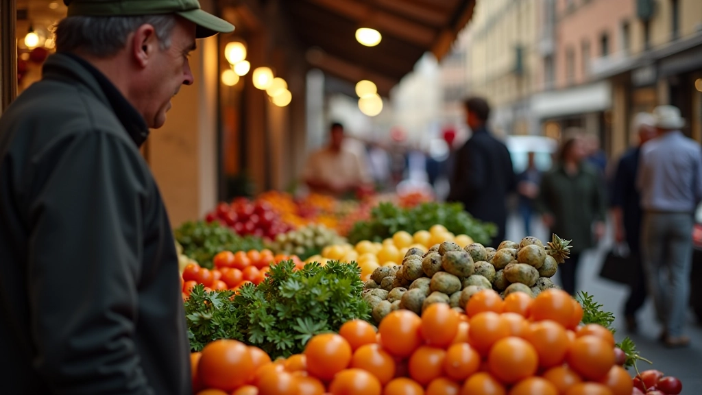 Venditori e clienti al mercato rionale romano con frutta e verdura fresca
