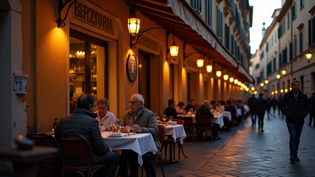 Taverna tradizionale romana con tavoli all'aperto, clienti locali che cenano, illuminazione serale