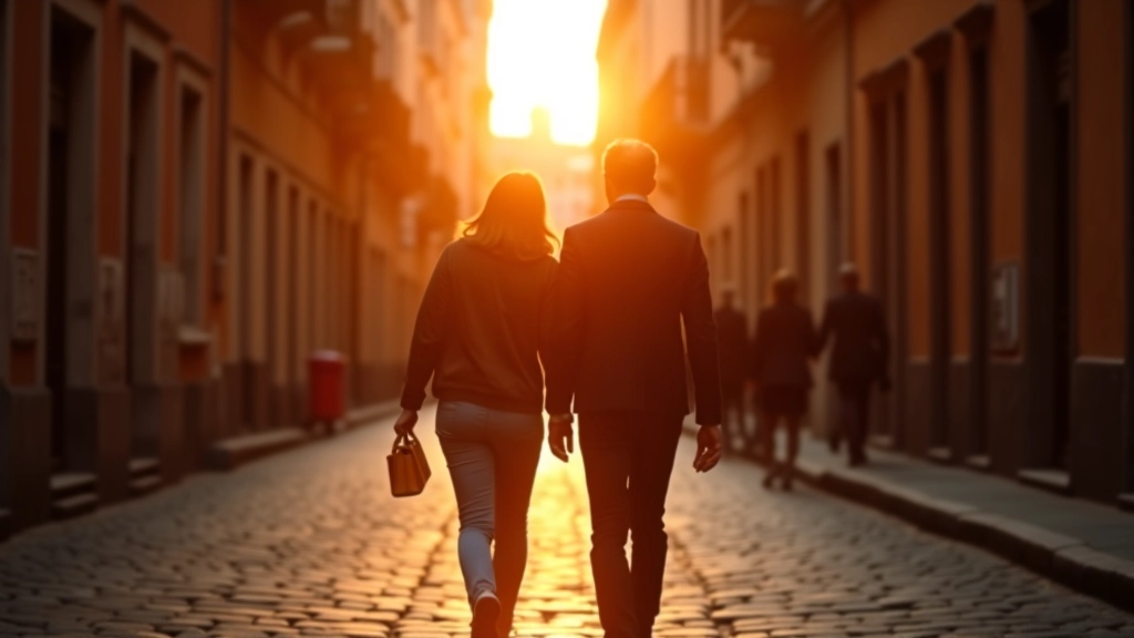 Due persone passeggia lungo una strada romana storica al tramonto, alberi e edifici antichi sullo sfondo, luce dorata della sera