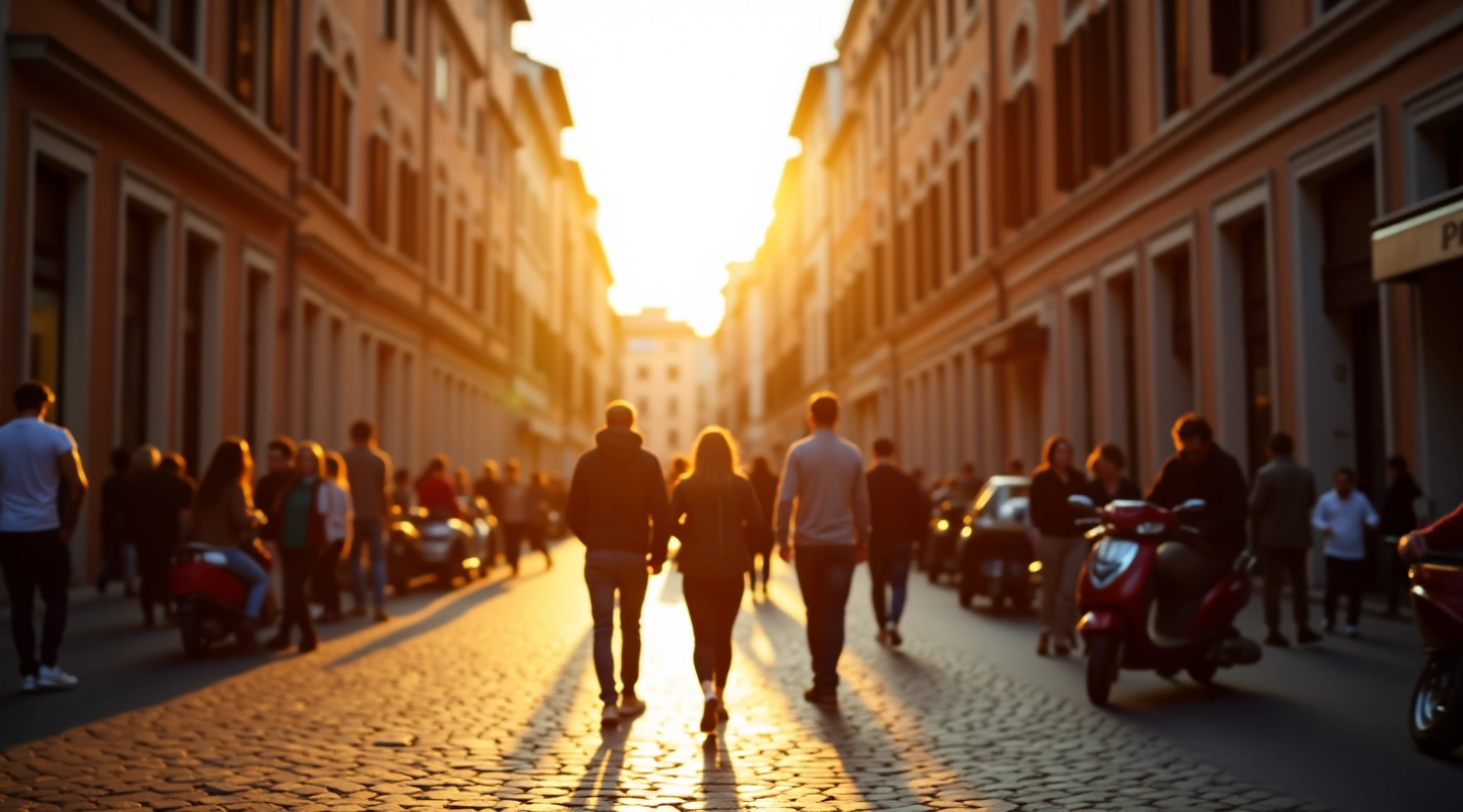 Strada di Roma con persone che camminano al tramonto, case storiche e lampioni accesi, atmosfera urbana della città