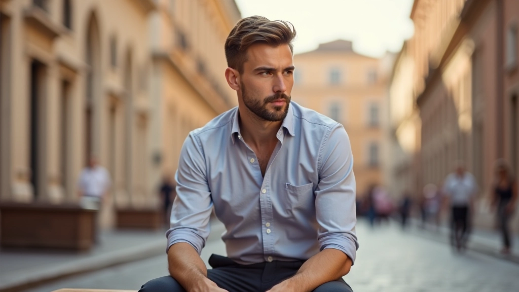 Giovane uomo seduto in una piazzetta di Trastevere, con vista su edifici storici, luce naturale